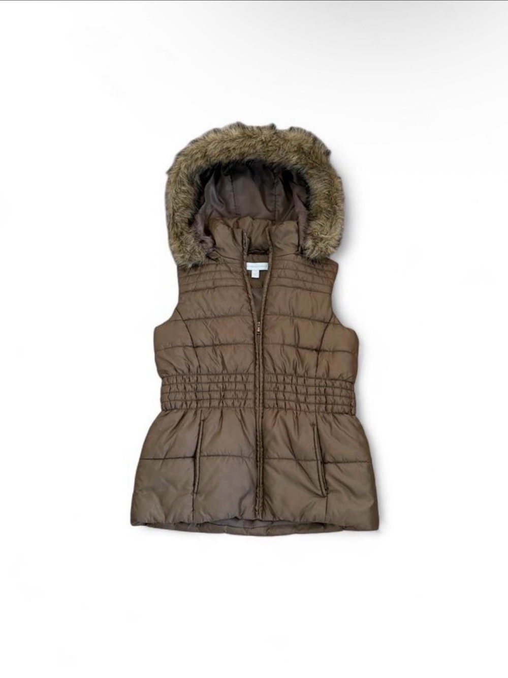 New York & Company Brown Puffer Vest with Faux-Fur Hood